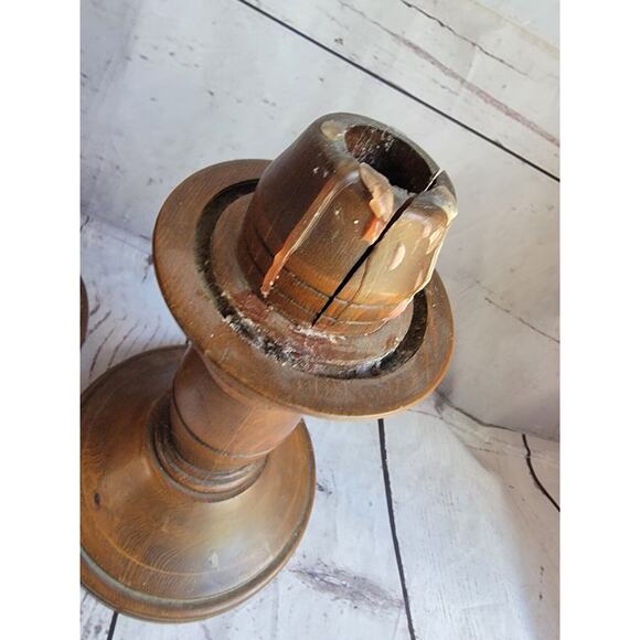 Vintage Pair Of Hand Carved MCM Wooden Candle Stick Holders 8.5 Inch READ - Picture 5 of 10